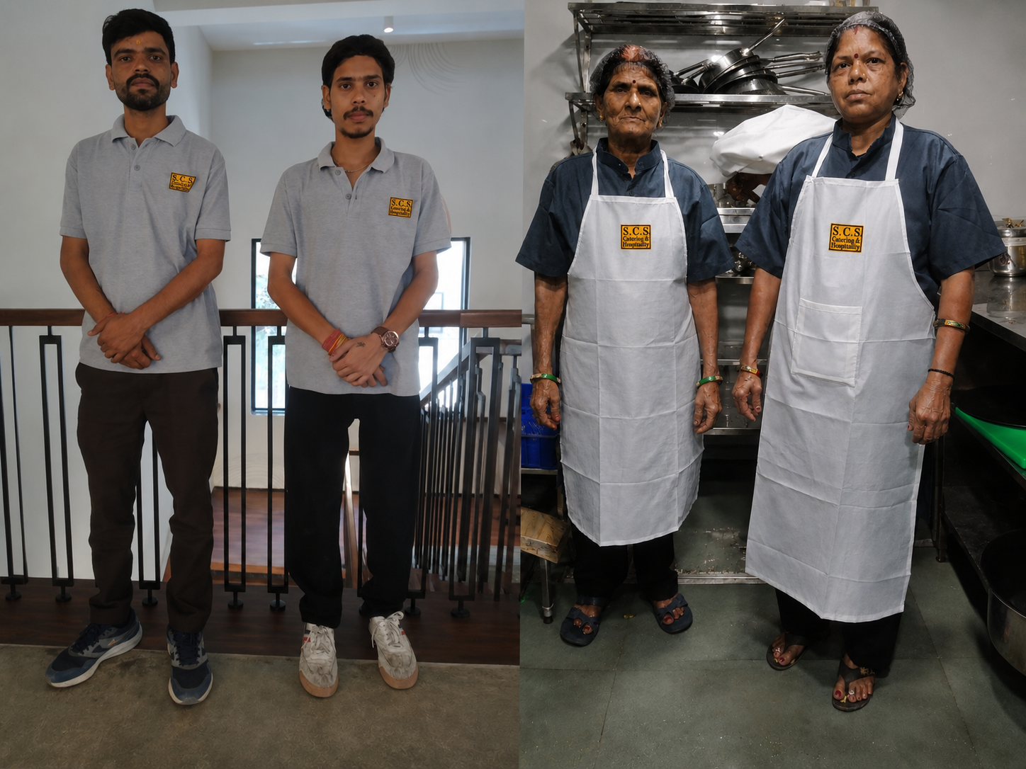 Team of professional cleaners wearing uniforms with cleaning supplies